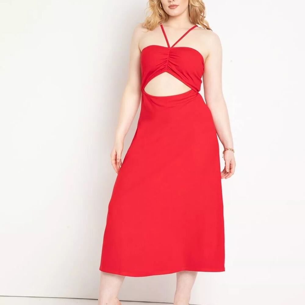 size 18/20 Eloquii red midi dress, ruched bust, front cut out, NEW
